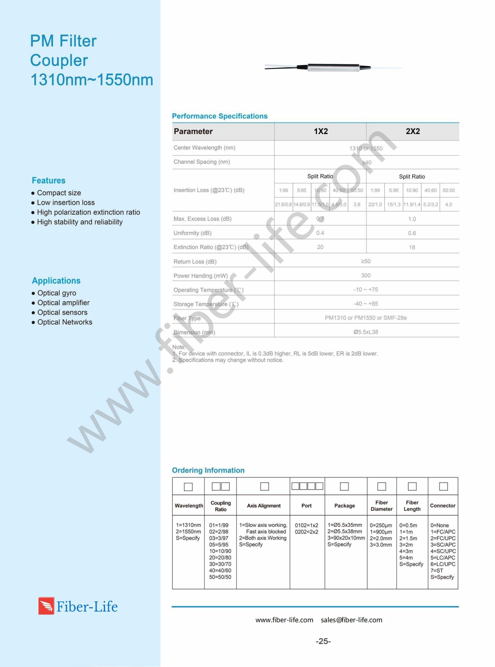 1310nm, 1550nm 1×2, 2×2 Filter Type Polarization Maintaining Fiber Splitter, Slow Axis Working