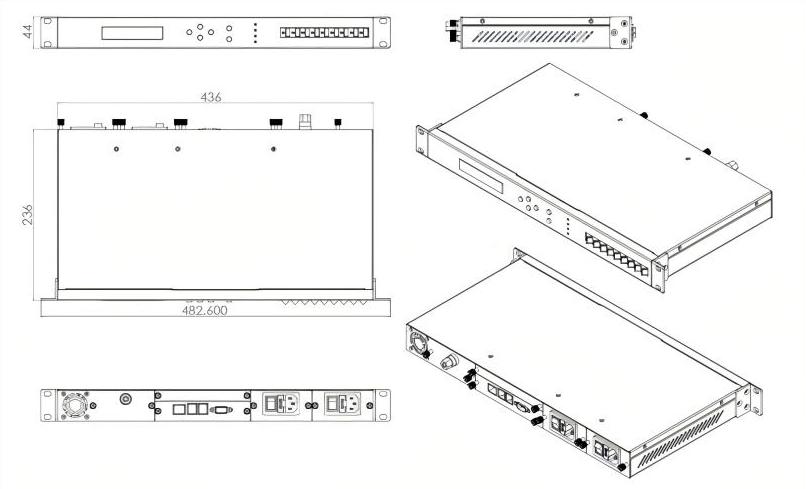 13dBm~24dBm Output Single Channel Fiber Amplifier 1RU EDFA For C-Band CATV System Dimensional Drawing