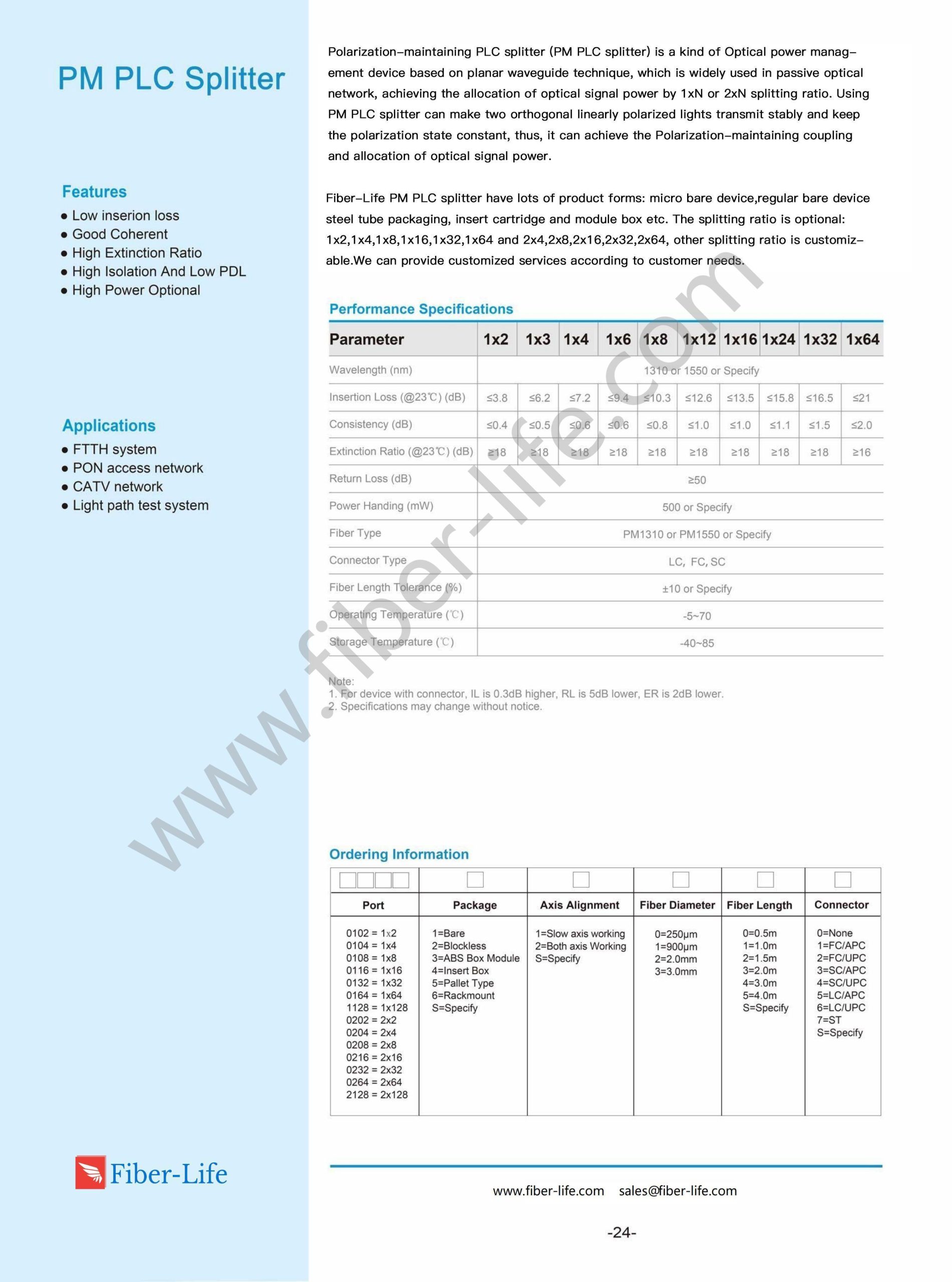 1xN,2xN PM PLC Splitter Blockless Slow Axis Working Polarization Maintaining Fiber Splitter