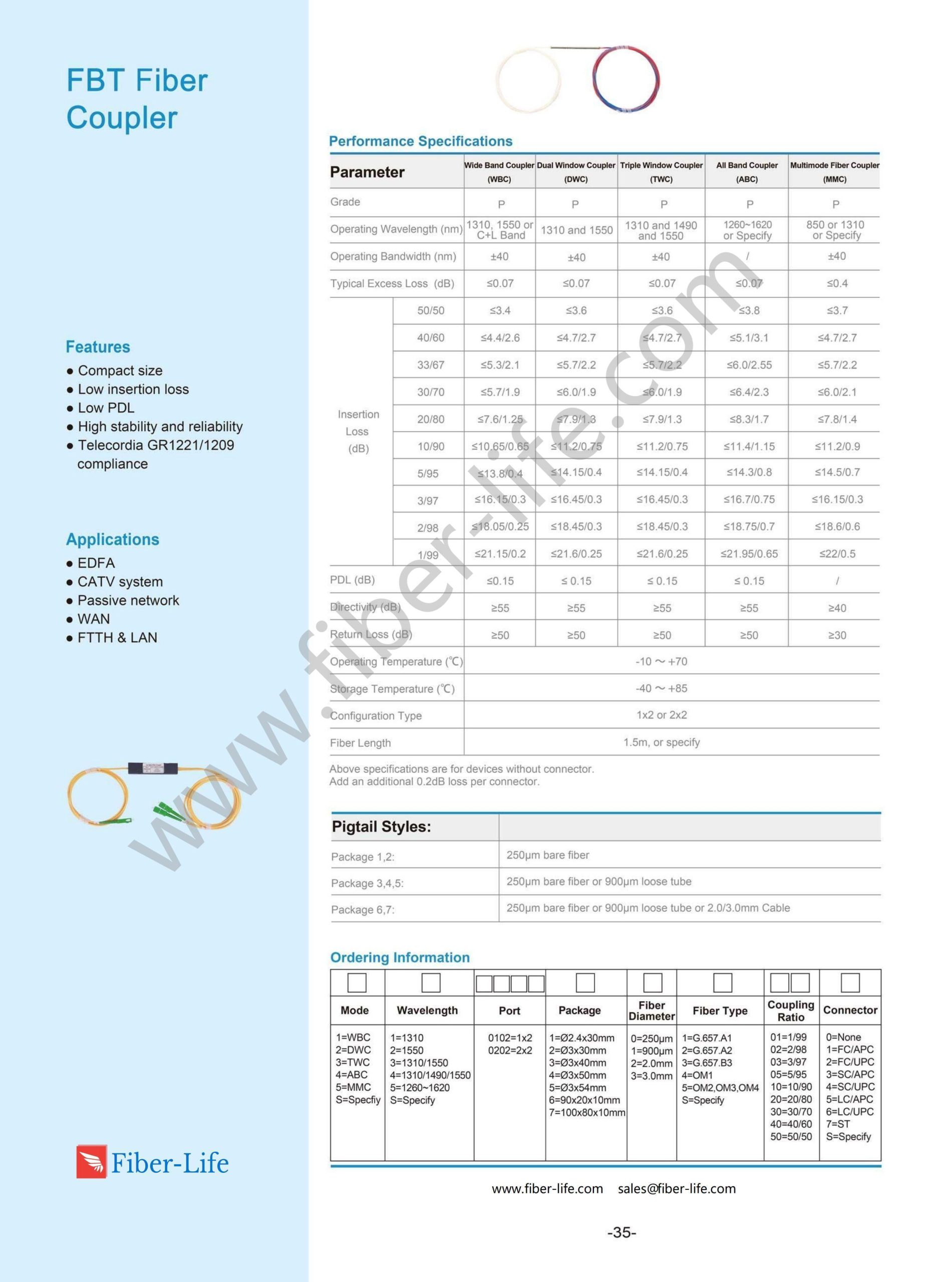 FiberLife 1xN, 2xN FBT Splitter Specification