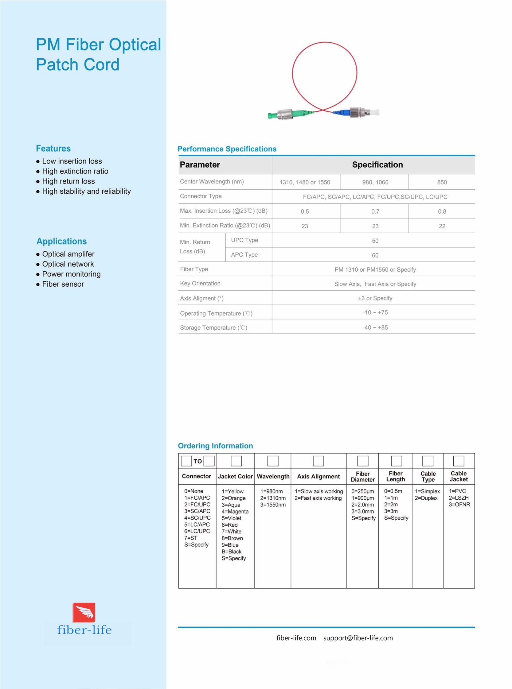 Polarization Maintaining PM Simplex SMF Fiber Patch Cable 980/1310/1550nm Slow Axis