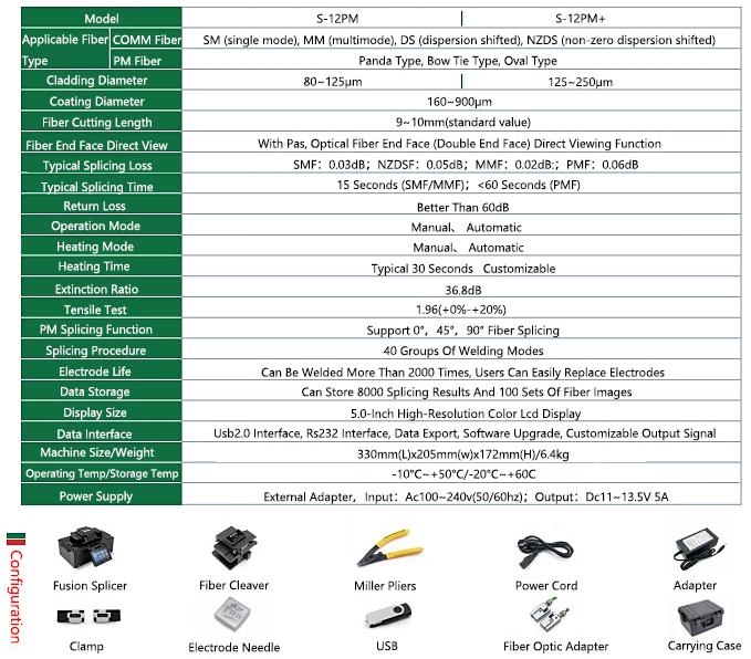 S-12 Fully Automatic Double Cat's Eye Alignment PM Fiber Fusion Splicer Specifications