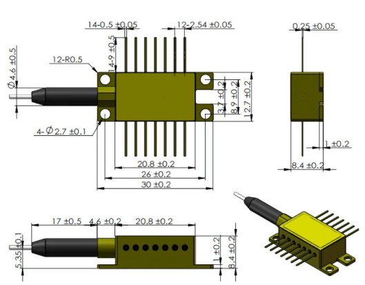 10mW 14-Pin Butterfly DFB Laser Diode, ITU Grid Wavelength Dimension Drawing