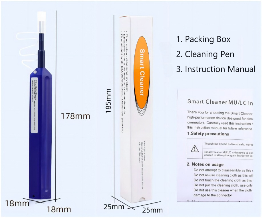 LC and MU Fiber Optic End-Face Cleaning Pen Dimension