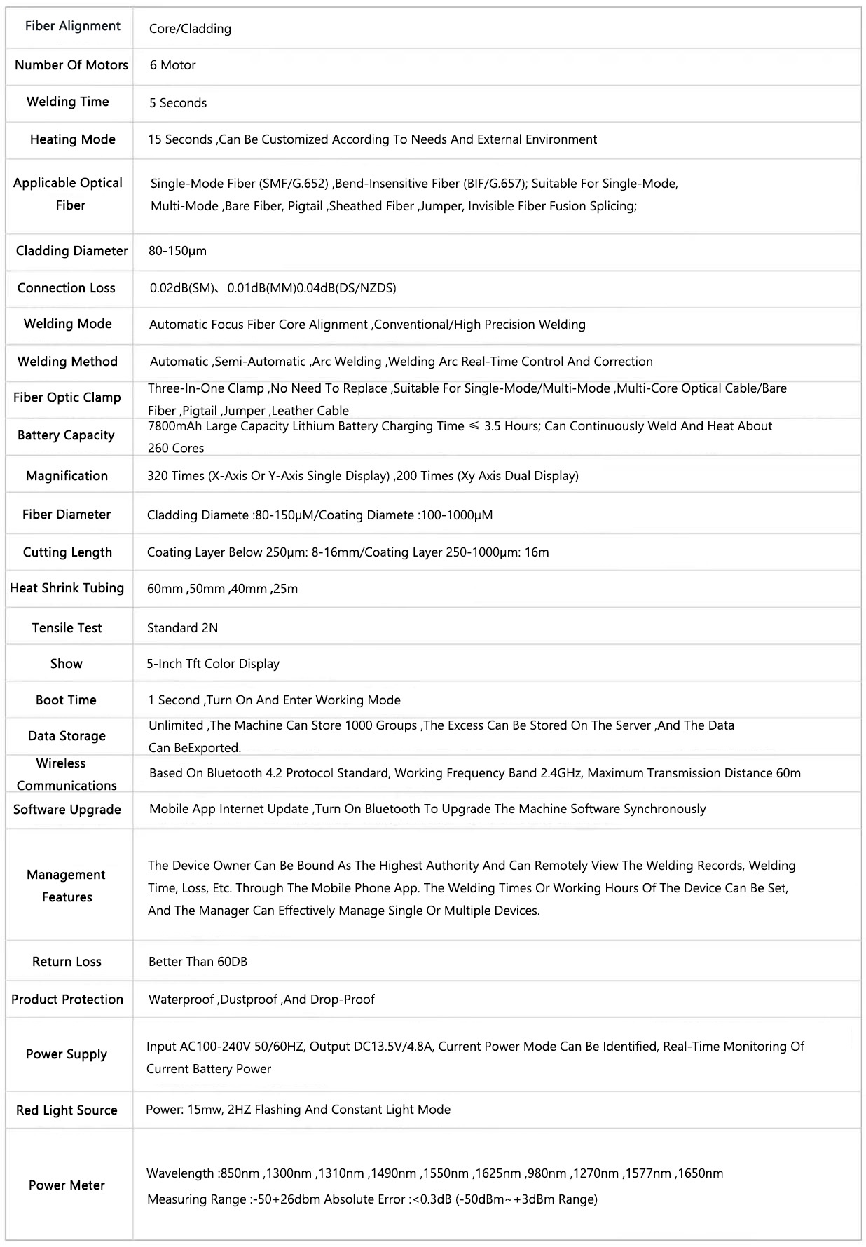 Singal Fire AI-9 Fusion Splicer Specifications