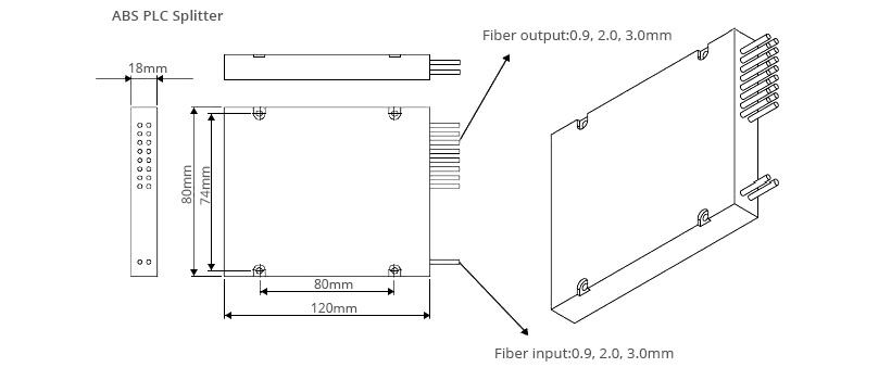 1x16 1x32 Singlemode ABS Box PLC Splitter Dimension Drawing