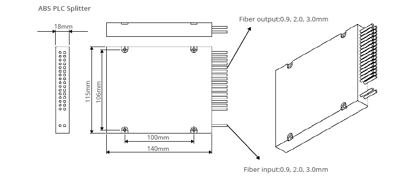 1x64 Singlemode ABS Box PLC Splitter Dimension Drawing