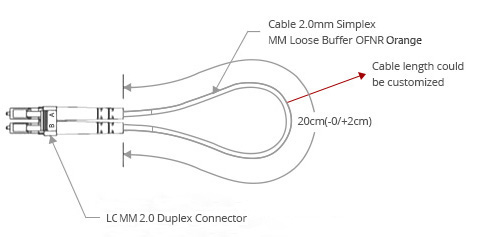 OM1 Multimode LC UPC Fiber Loopback Cable Dimension Drawing