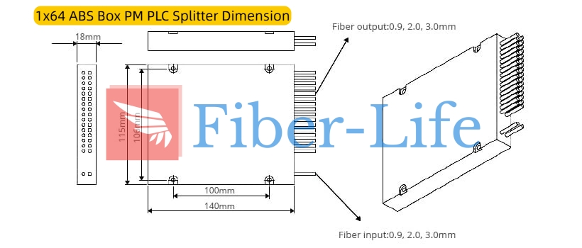 1x64 1310nm 1550nm ABS Box Polarization Maintaining PLC Splitter Slow Axis Working Dimension
