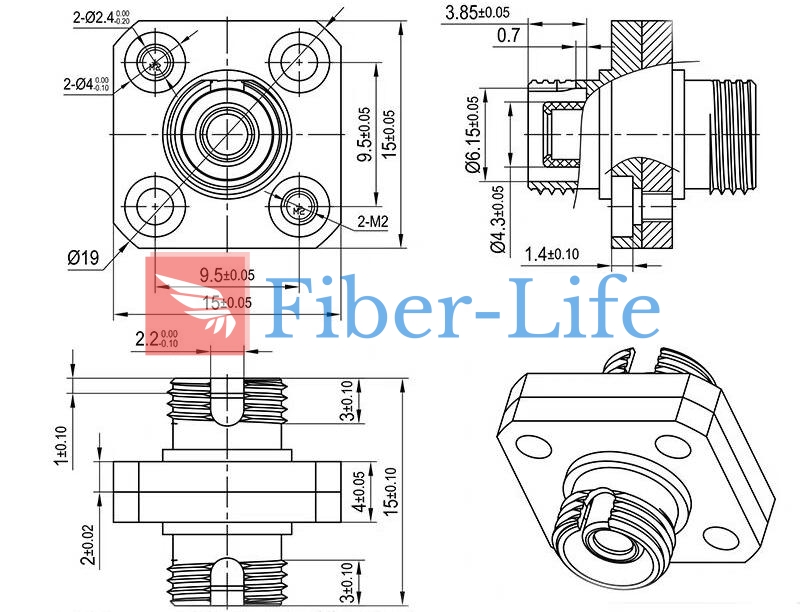 FC UPC To FC UPC Simplex Singlemode Multimode Square Solid Type Two Pieces Metal Fiber Optic Adapter With Flange Dimension Drawing